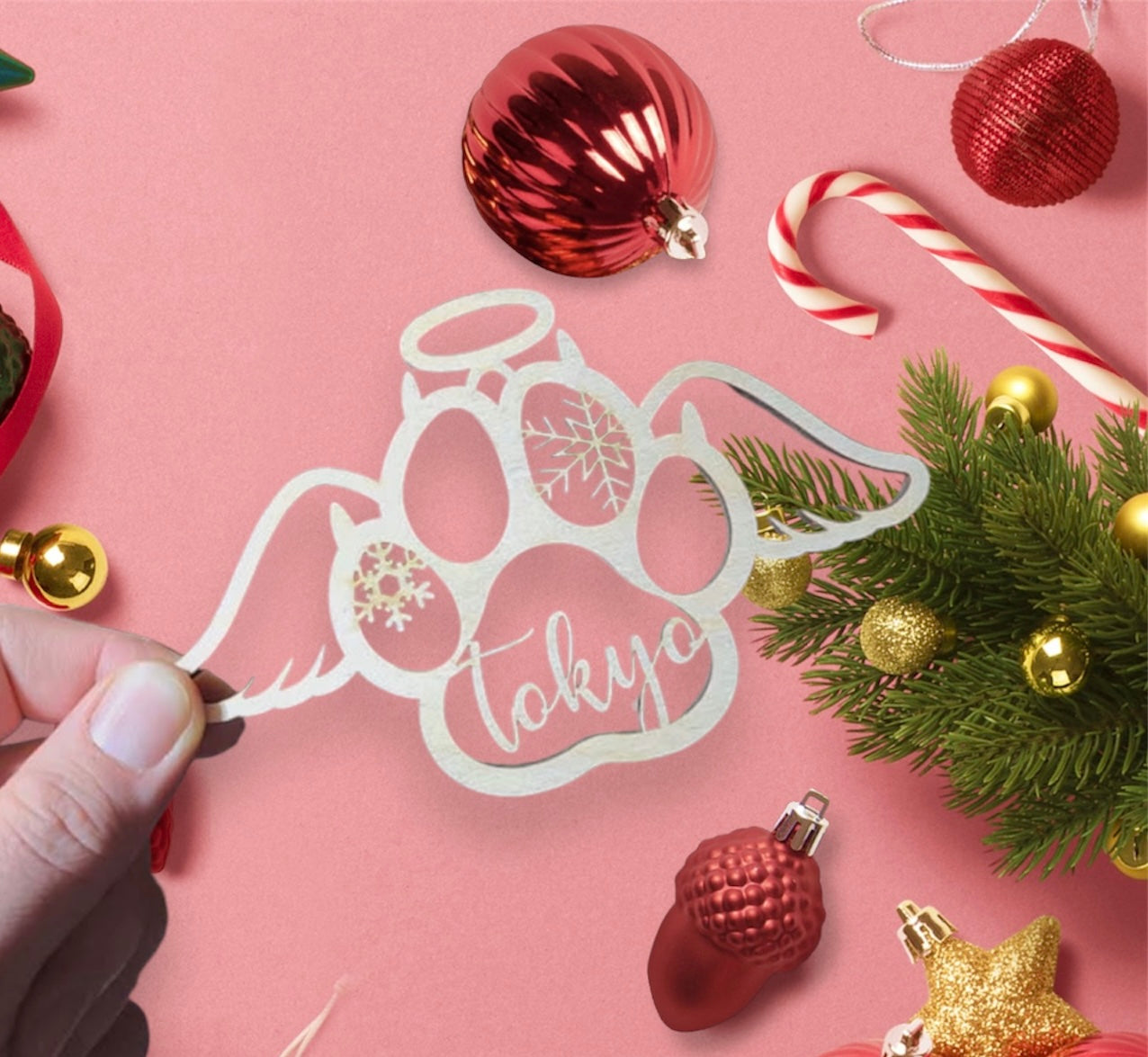 Custom Cat Name Paw Print Ornament with Angel Wings